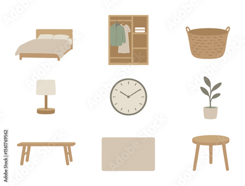 Minimalist Bedroom Icons. Flat icon set of decluttered bedroom space: platform bed, linen bedding, open