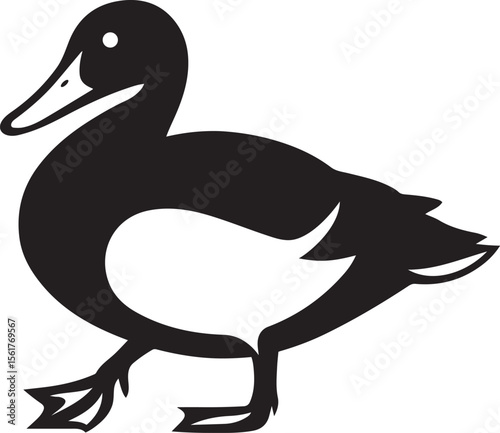 Walking duck silhouette black and white art, Simple waterfowl drawing clean graphic
