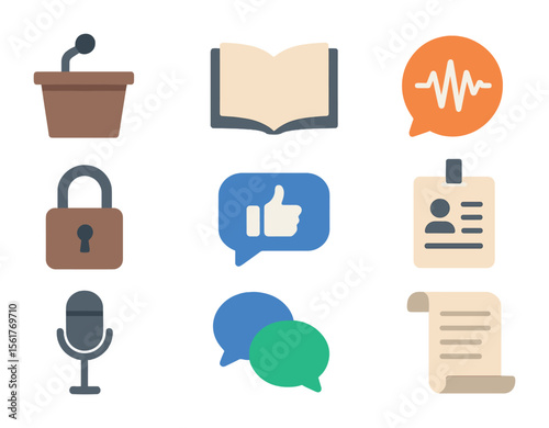 Freedom of Speech Icons. Flat icon set of freedom of speech icons: podium, open book, speech wave, press badge