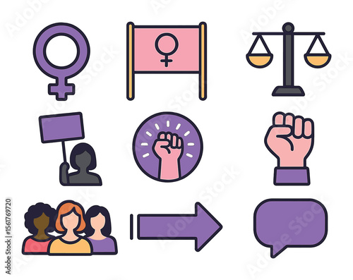 Feminist Movement Icons. Flat icon set of feminist movement visuals: Venus symbol, march banner, equality