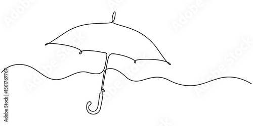 umbrella continuous one line drawing, Continuous one line drawing of opened umbrella. Single line drawing illustration of umbrella protection for rain and uv. Summer holiday concept vector art.