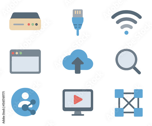 Internet Evolution Icons. Flat icon set of internet development milestones: dial-up modem, Ethernet cable,