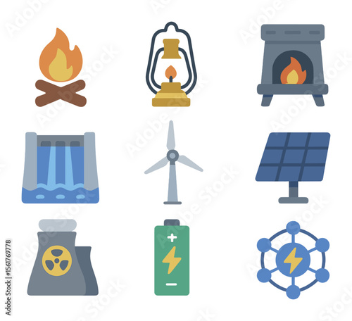 Energy Technology Evolution. Flat icon set of energy technology progress: wood fire, oil lamp, coal furnace,