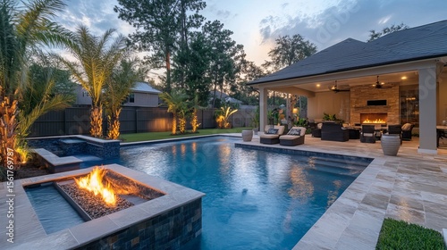 New home beautiful backyard with custom pool with fire pit