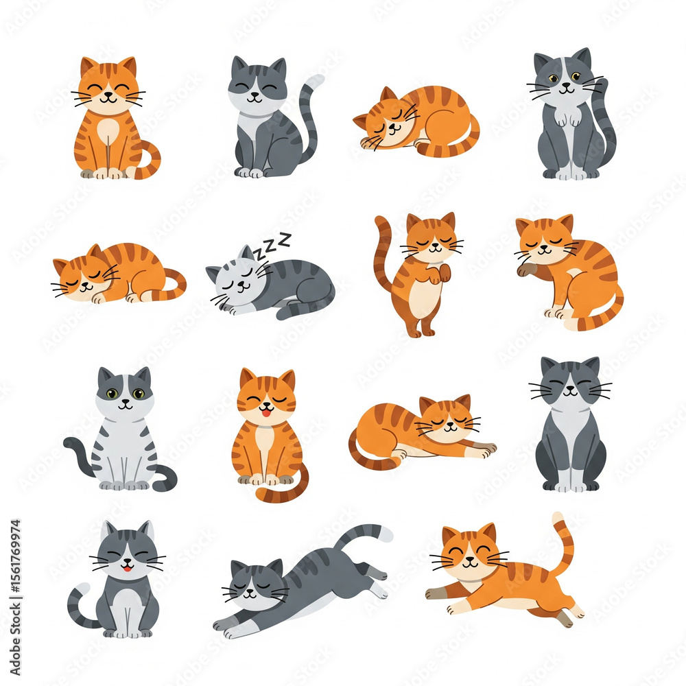 Fototapeta premium Vector icon set of cartoon cats in different poses – sitting, sleeping, stretching, jumping, clean lines, flat color, modern and playful style, white background, high resolution.