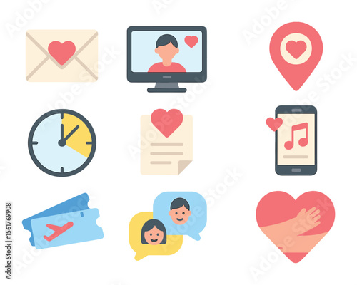 Long-Distance Love Icons. Flat icon set of long-distance relationships: heart envelope, video call screen,