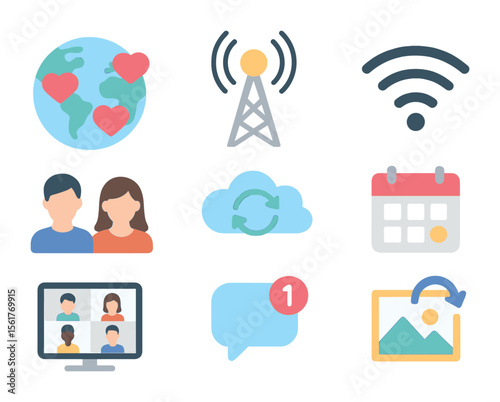 Connected Icons Set. Flat icon set of staying connected across distance: world map with hearts, phone signal