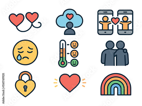 Emotional Connection Icons. Flat icon set of emotional connection symbols: heartstring line, shared memory