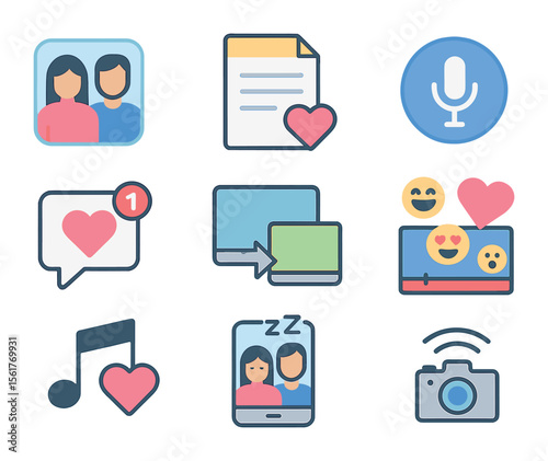 Tech Tools Icons. Flat icon set of tech tools for distant couples: couple avatars app, shared notes, voice