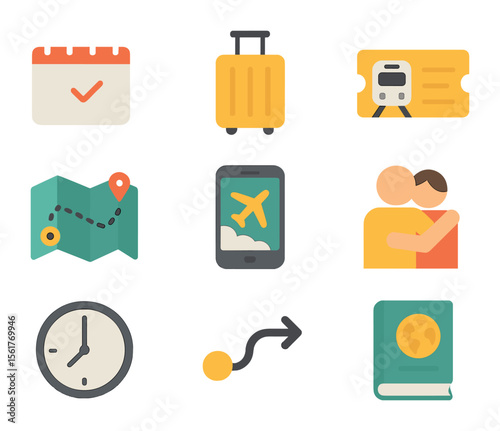 Future Reunion Icons. Flat icon set of future reunion planning: calendar mark, suitcase pack icon, train