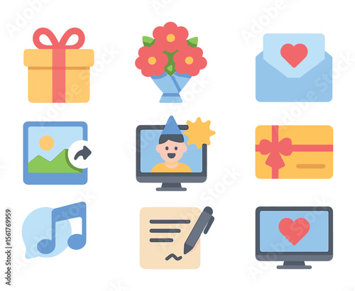 Gift Icon Set. Flat icon set of gifts and surprises from afar: delivery box with ribbon, bouquet emoji, gift