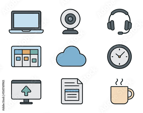 Remote Work Essentials. Flat icon set of remote work tools: laptop, webcam, wireless headset, task board app,