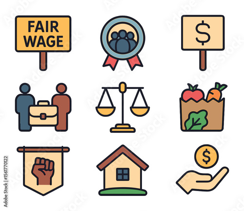 Economic Justice Icons. Flat icon set of economic justice initiatives: fair wage sign, union badge, protest