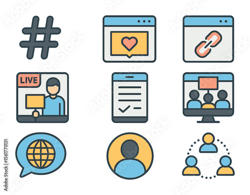 Digital Activism Icons. Flat icon set of online activism and awareness: hashtag icon, social post banner,