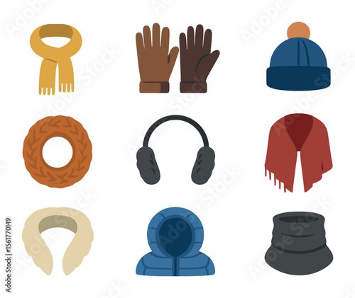 Outerwear Accessories Icons. Flat icon set of outerwear accessories: wool scarf, leather gloves, beanie hat,