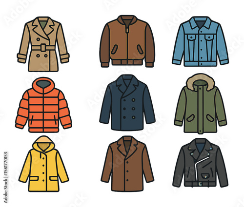 Outerwear Icon Collection. Flat icon set of outerwear fashion styles: trench coat, bomber jacket, denim jacket