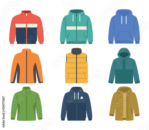 Sporty Outerwear Icons. Flat icon set of sporty outerwear looks: track jacket, windbreaker, fleece hoodie, zip