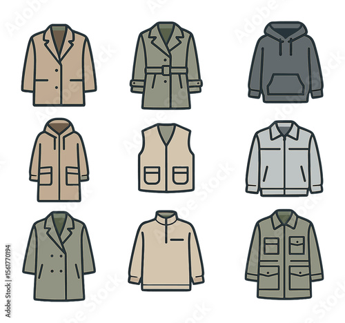 Gender-Neutral Fashion Icons. Flat icon set of gender-neutral outerwear fashion: boxy coat, androgynous trench
