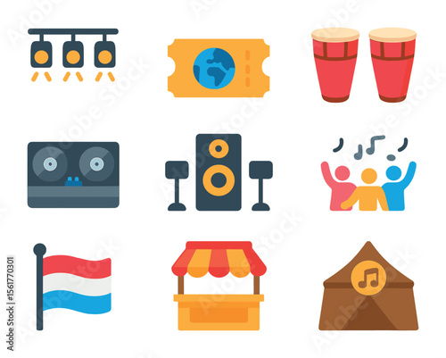 Global Music Festival Icons. Flat icon set of global music festivals: stage lights, festival ticket, cultural