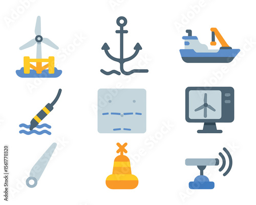 Offshore Wind Icon Set. Flat icon set of offshore wind platforms: floating turbine, seabed anchor, maintenance