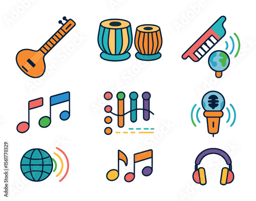 Fusion Music Icons. Flat icon set of fusion and world music: electric sitar, jazz tabla, synth flute,