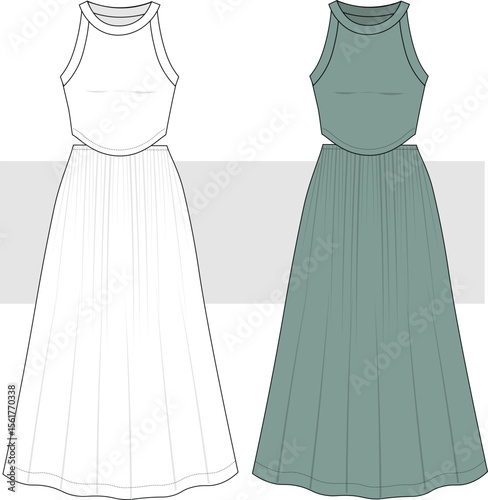 Women's Maxi Flared Dress fashion technical drawing, illustration. Front view. Cad, Mockup.	