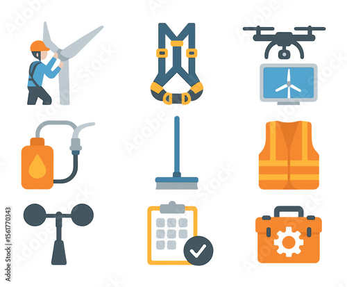 Wind Turbine Maintenance Icons. Flat icon set of wind turbine maintenance: rotor blade inspection, harness