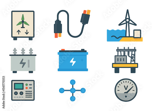 Wind Energy Icons. Flat icon set of wind energy transmission systems: power converter, HVDC cable, sea-to-land