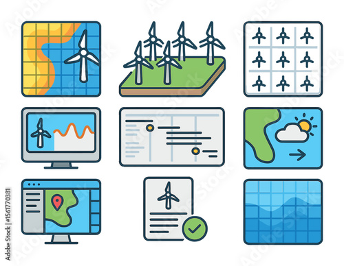Offshore Wind Icon Set. Flat icon set of offshore wind planning and modeling: wind resource map, 3D layout