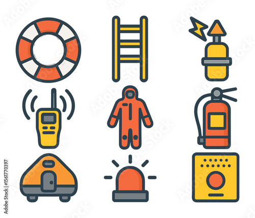 Offshore Safety Icons. Flat icon set of offshore wind safety systems: life ring, safety ladder, emergency