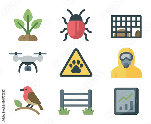 Invasive Species Icon Set. Flat icon set of invasive species management: invasive plant, pest insect, animal