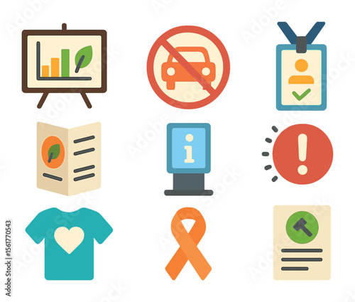 Regulatory Icon Collection. Flat icon set of regulatory and outreach measures: public education board,