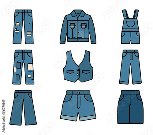 Modern Denim Icon Set. Flat icon set of modern denim styles: distressed jeans, denim jacket, denim overalls,