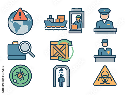Global Invasive Species Icons. Flat icon set of global invasive species threats: global map with alert, cargo