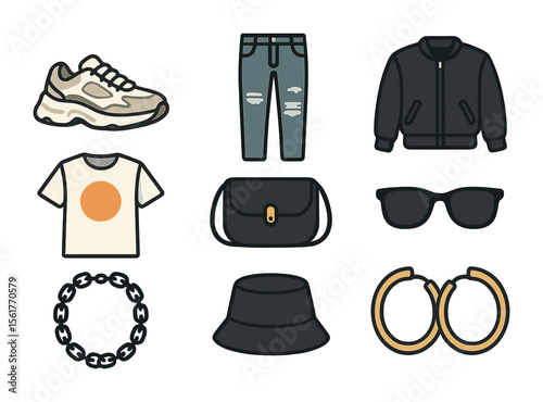 Street Fashion Icons. Flat icon set of street fashion essentials: chunky sneakers, ripped jeans, bomber jacket