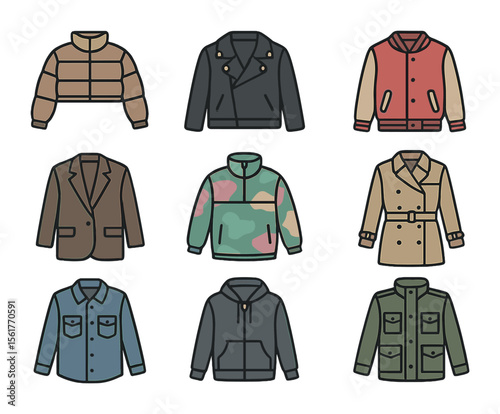 Trendy Jacket Icons. Flat icon set of trendy jackets: cropped puffer, faux leather jacket, varsity jacket,