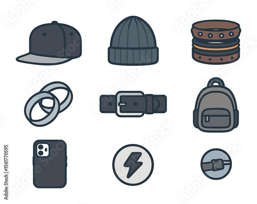 Street Style Icons. Flat icon set of street accessories: snapback cap, beanie, aviator glasses, layered