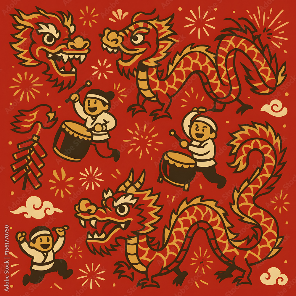 Obraz premium Chinese New Year celebration depicted with dragons, firecrackers, and drummers.