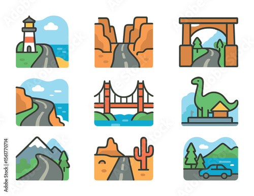 Scenic Destinations Icons. Flat icon set of scenic destinations on the road: lighthouse, canyon, national park