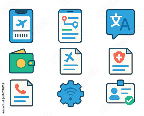 Travel Icon Set. Flat icon set of travel documentation and apps: digital boarding pass, trip itinerary app,