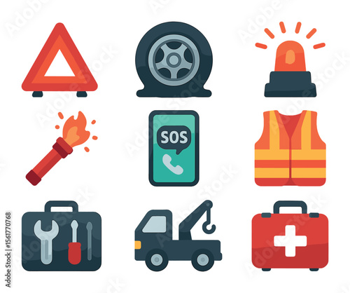 Roadside Safety Icons. Flat icon set of roadside emergency and safety: warning triangle, flat tire, hazard