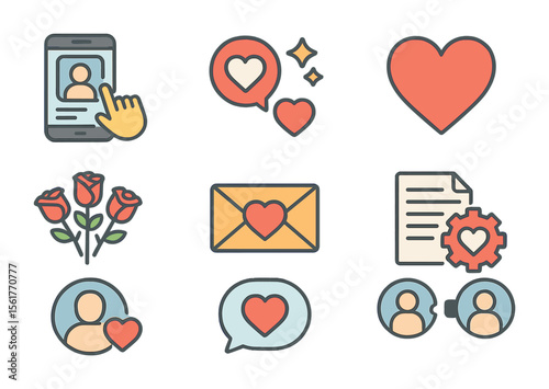 Online Dating Icons. Flat icon set of online dating culture: profile swipe, match notification, heart reaction