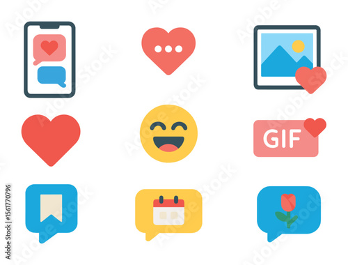 Romantic Text Icons. Flat icon set of romantic text conversations: phone screen with messages, heart typing