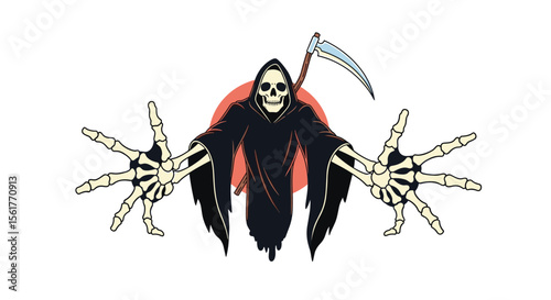 The Grim Reaper Embracing the World with Skeletal Hands and a Scythe Under a Blood Red Sun Awaiting Its Next Victim