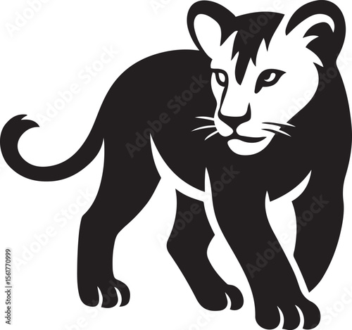 Lion cub black and white silhouette, Young lion cub vector animal design