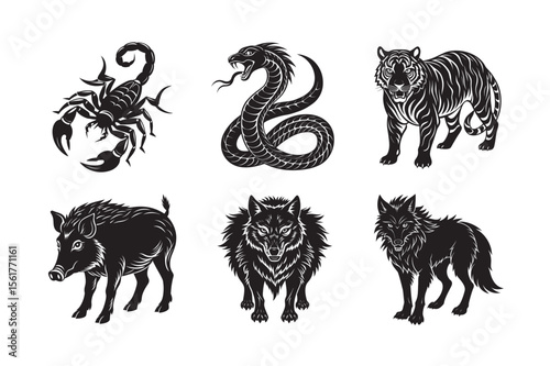 silhouette of animal pig ,tiger ,wolf, snack ,set bundle on the white background