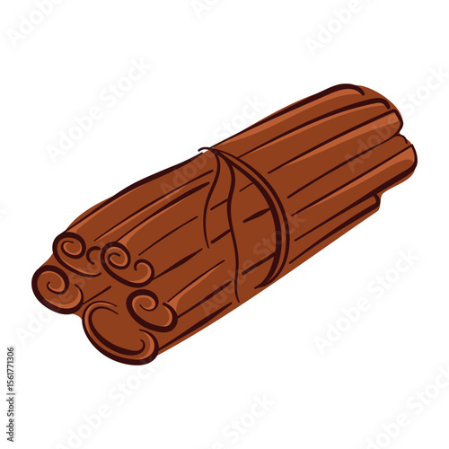 Cinnamon sticks bundle tied with string in flat style. Ideal for spice packaging, culinary recipe book and vintage kitchen design.