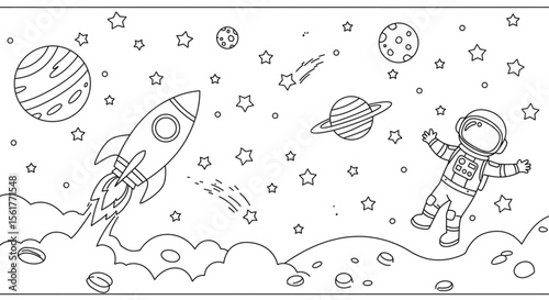 Astronaut, Rocket, and Planets A Space-Themed Coloring Page