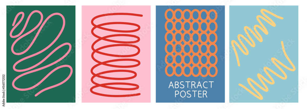 Minimalist Abstract Poster Background Collection of Wavy Colorful Lines.  Template Set Modern Design Art