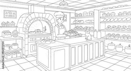 Charming Bakery Shop Illustration Line Art Drawing of a Baker and Bread